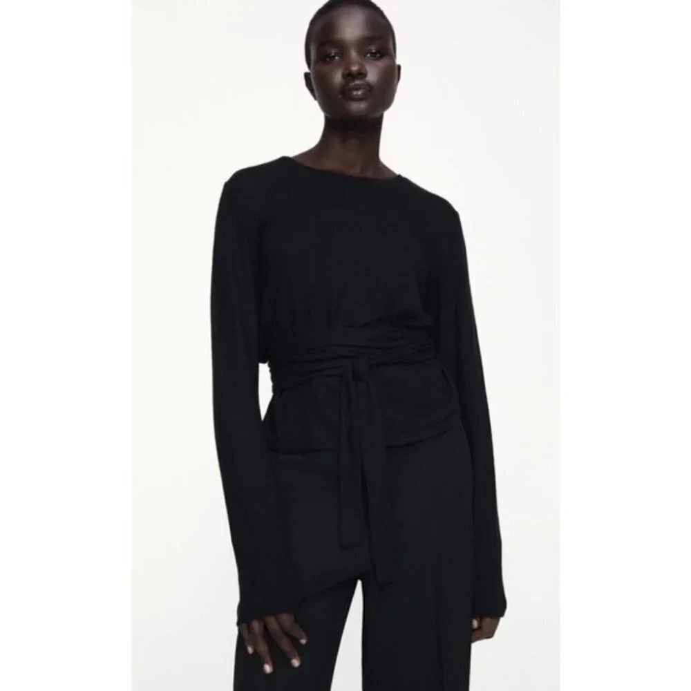 Zara Soft Ribbed Tie Waist Crew Neck Sweater